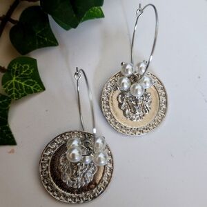 Silver Lion Head with Greek Key Design Drop Earrings